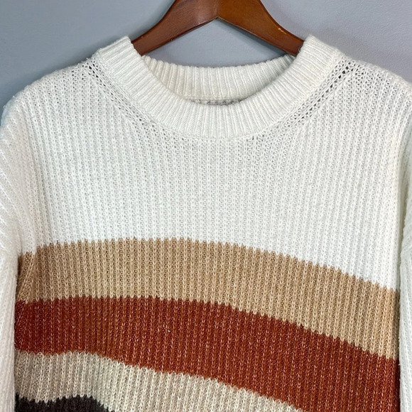 RACHEL ZOE Asymmetrical Knit Sweater Striped Earth Tones Long Sleeve Crewneck M - Picture 3 of 10